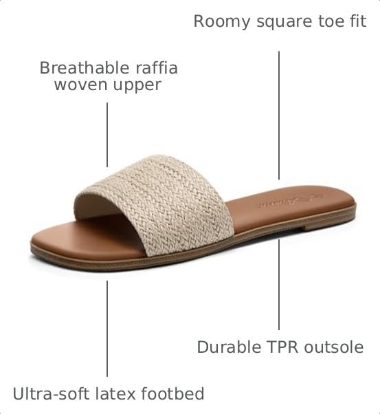 Image of Athlefit Flat Sandals Women Dressy Square Toe Raffia Summer Slide Sandals