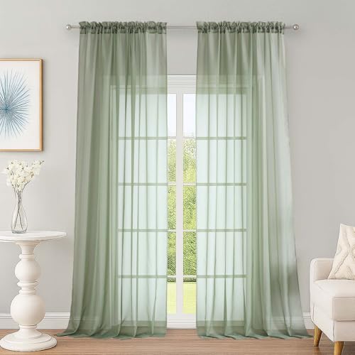 Image of OWENIE Sage Green Sheer Curtains, Sheer Curtains 96 inches Long 2 Panels Set, Rod Pocket Voile Fimly Sheer Drapes for Living Room /Bedroom, 2pcs, Each 59 inch W x 96 inch L
