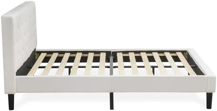 East West Furniture NL19Q-2DE05 3 Piece Bedroom Set - Queen Button Tufted Bed - Linen white Velvet Fabric and Upholstered Headboard and a Linen white Finish Nightstand