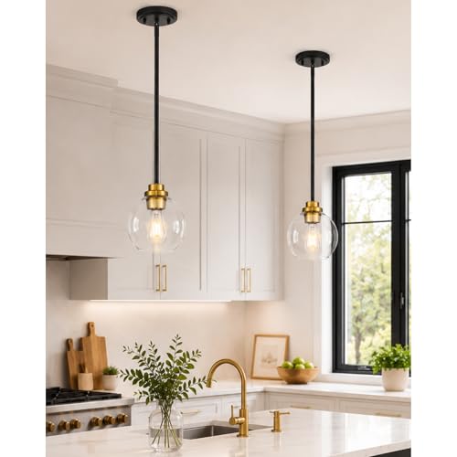 Image of Pendant Lights Kitchen Island 2 Pack, 7 inch Black and Gold Hanging Lights Fixtures with Clear Glass Globe Shade, Modern Kitchen Island Lighting for Bathroom, AD-22280-1P2-KG