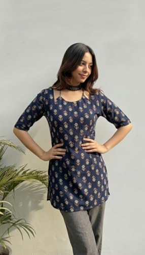 Image of ANNI Designer Women's Viscose Blend Printed Short Kurti | Straight Fit Ethnic Top with Square Neck | Bell Sleeve Indian Kurta for Office College, Party
