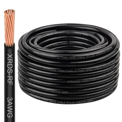 Image of XRDS -RF THHN Wire 100FT, 3AWG Stranded Copper THHN Electrical Wire, Black Nylon-Coated Thermoplastic Insulated Cable for Indoor Conduit Wiring, 600V Rated