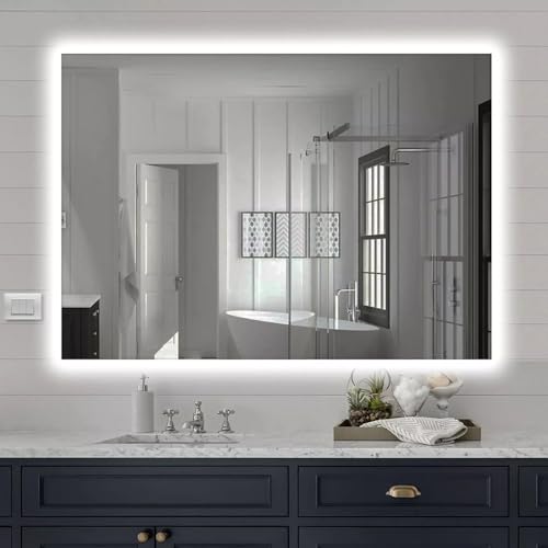 Inbagno Specchio da Parete Rettangolare 60x80 cm retroilluminato con Effetto a Cornice LED a Luce Fredda, Installazione Reversibile con Spessore 2,4 cm
