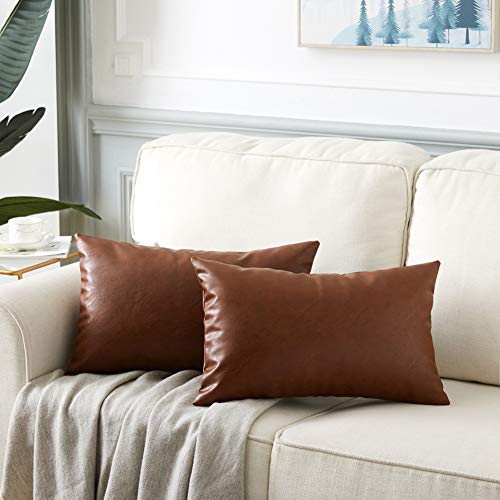 Image of Fancy Homi Faux Leather Boho Decorative Throw Pillow Covers, Thick Modern Solid Square Cushion Case Set for Couch Sofa Bedroom Car Living Room (12x20 Inch /30x50 cm, Brown)