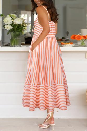 Fashionme Womens Summer Maxi Dresses 2025 Trendy Striped Vacation Boho Beach Spaghetti Strap Sundress Back Tie with Pockets4
