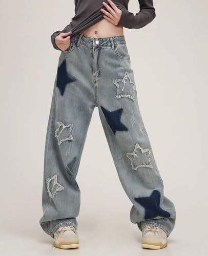 Cute Jeans for Women Girls Star Patchwork Pants Y2K High Waisted Straight Leg Baggy Jean Casual Preppy Clothes2