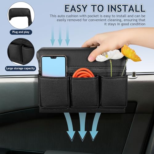 Reposabrazos de coche Housoutil con almacenamiento extra y funda lavable de cuero negro 3