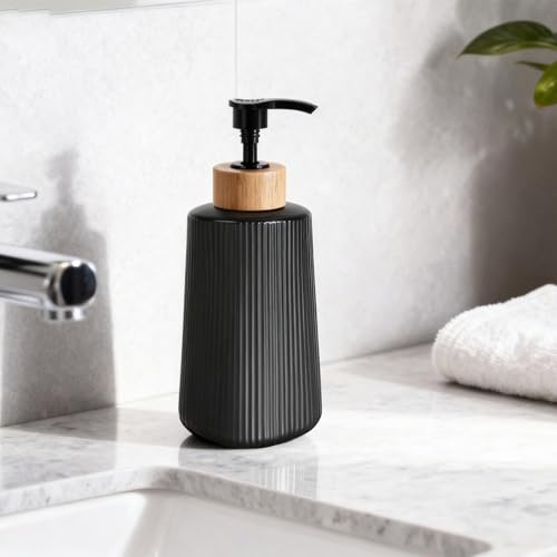 Image of Glass Soap Dispenser, Thickened Glass Hand Soap Dispenser for Bathroom, Kitchen Dish Washing Liquid Bottles, Shampoo and Conditioner Bottles, Modern Farmhouse Style, (Black, Set of 1, 12oz)