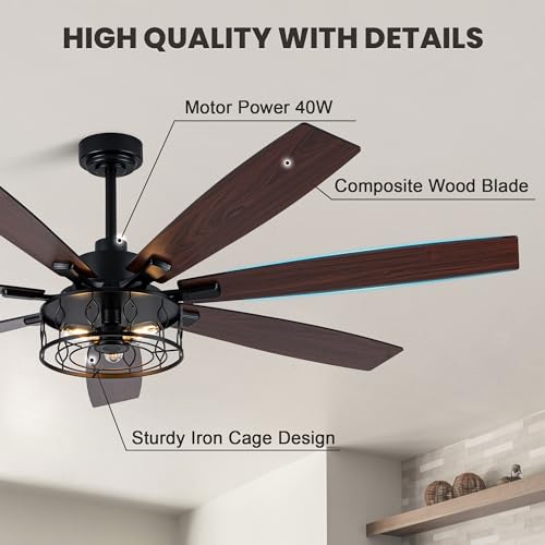 Image of Dawn Whisper 72 Inch Farmhouse Ceiling Fans with Lights Black Industrial Caged Ceiling Fans with 6 Speed Reversible Motor and Dual Finish 8 Blades Rustic Ceiling Fan for Living Room