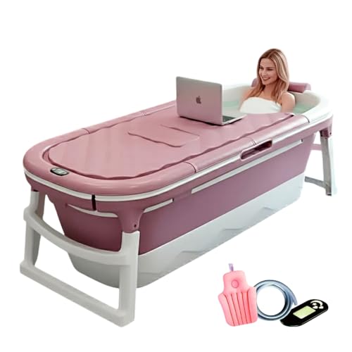 Large Bath tub for Adults 6 Feet bathroom, Bathtub with Temperature Meter Bath Pillow Drainage Hole Hot and Cold Bath tub, Mother and Baby Spa Bathtub (OVAL, PINK WITH WHITE)