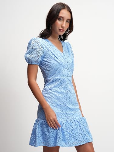 Image of Tokyo Talkies Women's Graceful Self-Design A-Line Flared Dress with Puff Sleeves Chic & Playful for Any Occasion