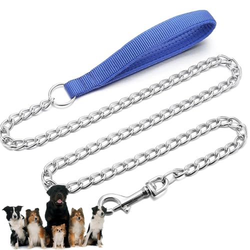 金属製犬用リード 噛みつき防止犬用リード 中型犬と大型犬用のパッド入りハンドル付き高耐久ペット犬用リード(Blue,2mm*120cm)