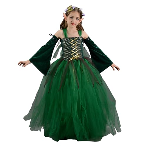 Lembeauty Halloween Elfens Fee Kostüm, Grünes Elfens Mesh Tüll Kleids Set, Halloween Wald Themenkostüm für Kinder, Cosplay Verkleidung für Maskenball Karneval