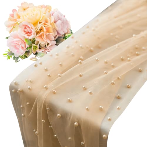 Napperon Tulle Perlé | Voilage doux et bohème à découper | Voile en tissu perlé pour à manger - pour déco de fête, centre de, arche, dessert et mur