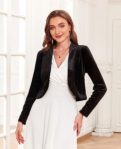 Image of Women's Long Sleeve Velvet Shrug for Dresses Cocktail Party Open Front Cropped Bolero Cardigan Top