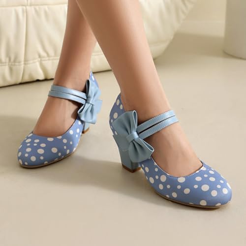 Inornever Black Heels for Women Mary Jane Chunky High Heels Dressy Shoes Round Toe Ankle Strap Mid Block Heel Dress Pumps Shoes (Black/Light Blue/Mint Green/Pink/Mustard Yellow) (8.5,Baby Blue)3