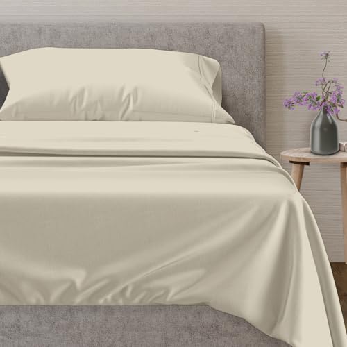Mayfair Linen 100% Egyptian Cotton Twin Size Sheet Set - Luxury 600 Series Voyage Collection Cotton Sheets Set for Twin Bed (3 PC, Sand), Soft, Cooling Sateen Weave 16" Deep Pocket Hotel Sheet Set