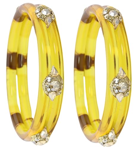 Image of NMII Diamond Glass Bangles Crystal Kada Set For Women & Girls Adorned with Golden Zircon Stones | Trending Girls Bangles Bracelet | Transparent Chudi Kangan For Wedding, Party, Daily, Ethnic- Set of 2