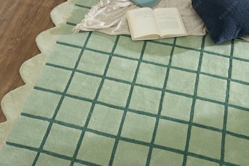 Image of Hand-Tufted 100% Wool Area Rug - 7x7 Ft, Round Mint Green Base with Teal Blue Windowpane Grid & Sage Scalloped Border, Soft Pile Modern Carpet for Living Room, Bedroom, Nursery & Kids Room