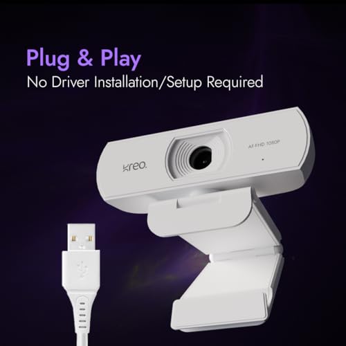 Image of Kreo Owl Full HD 1080P 60 FPS Webcam with Auto-Focus and Built-in Dual Digital Mic, Plug and Play Setup for Video Call, Streaming, YouTube and More, Built-in Privacy Shutter with 360 Rotation (White)