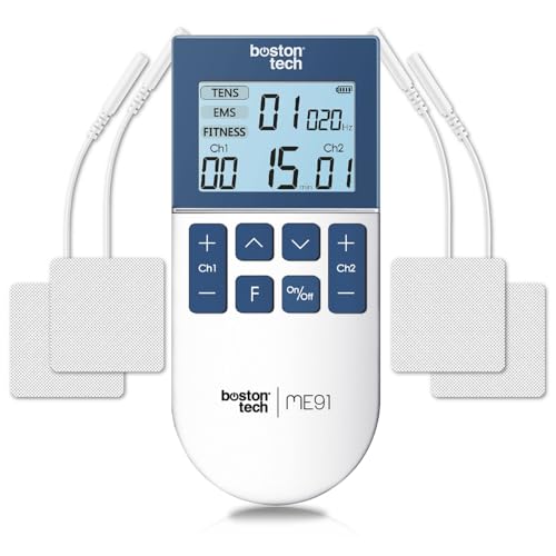 Boston Tech® Electro estimulador Muscular | 3 en 1: TENS + EMS + Fitness | Alivio eficaz del Dolor + Entrenamiento | 2 Canales + 50 Modos + 16 Niveles de Intensidad + Incluye Estuche + 4 Electrodos