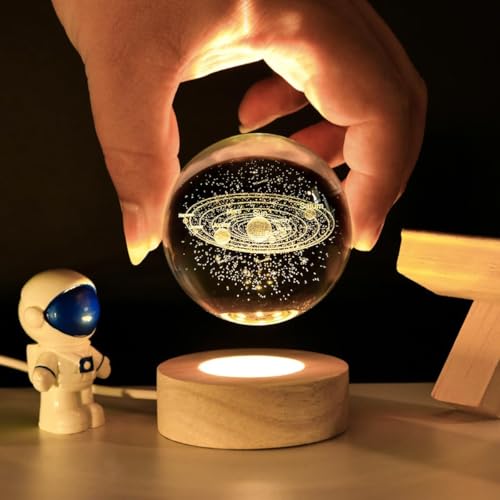 Image of X14STORE 3D Solar System Crystal Ball Night Light, LED Lamp with Wooden Base, Multicolored, Transparent Glass, Energy Efficient, Tabletop Decorative Lamp