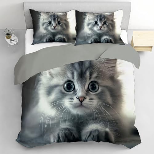 Juego De Ropa De Cama De 3 Piezas - Animales Lindos Juego De Fundas De Edredón Incluye 1 Funda Nórdica Y 1 Sábana Encimera 2 Funda De Almohada (Cama 240X260Cm, Gato