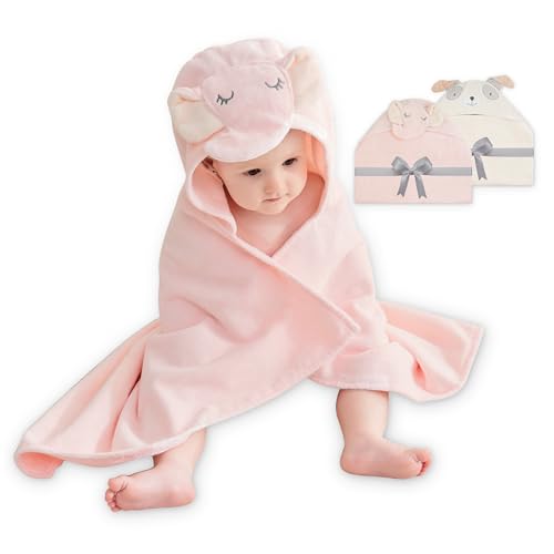 Image of Viviland 2 Pack Hooded Baby Towels, Soft 100% Cotton Baby Bath Towels with Hood, Extra Thick and Absorbent, Essential for Newborns, Kids, Infants - Girls and Boys (Pink Elephant & Dog)