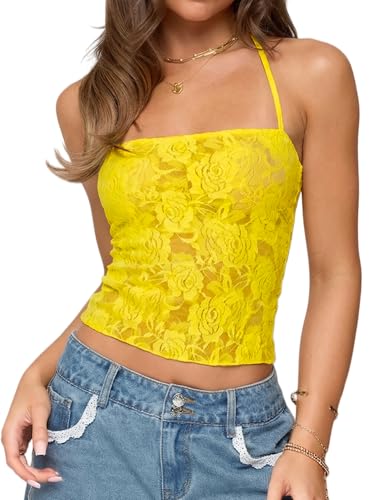 Danysu Backless Tube Tops Tie Back Halter Tank Top with Built in Bra Y2K Vacation Clothes Sunflower Yellow S
