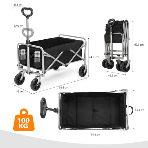 Bonnlo Bollerwagen Faltbar, 100 kg Tragkraft, 600D Oxford-Stoff, Handwagen, Transportwagen Klappbar, Gartenwagen für Camping, Einkäufe, Outdoor & Freizeit, Stahlrahmen, 74,5×45,5×84cm, Schwarz