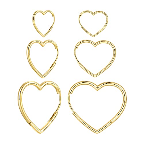 3 Pairs 14K Gold Plated Heart Hoop Earrings, Simple Large and Small Heart Hoop Earrings for Women, 3 Sizes Cute Huggies Earrings for Women Girs Gift, 1.3cm/2cm/3cm, gold and silver…