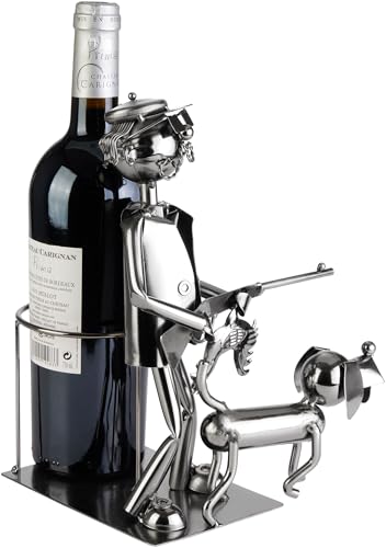 BRUBAKER Weinflaschenhalter Jäger mit Jagdhund - Flaschenhalter aus Metall - Jagd Geschenk Metallfigur mit Hund - Weingeschenk Flaschenständer mit Geschenkkarte - Farbe: Silber