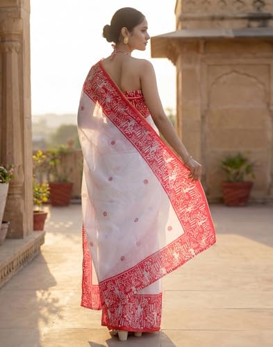 Image of SIRIL Women's Cotton Linen Printed, Zari Border One Minute Ready To Wear Saree With Unstitched Blouse Piece