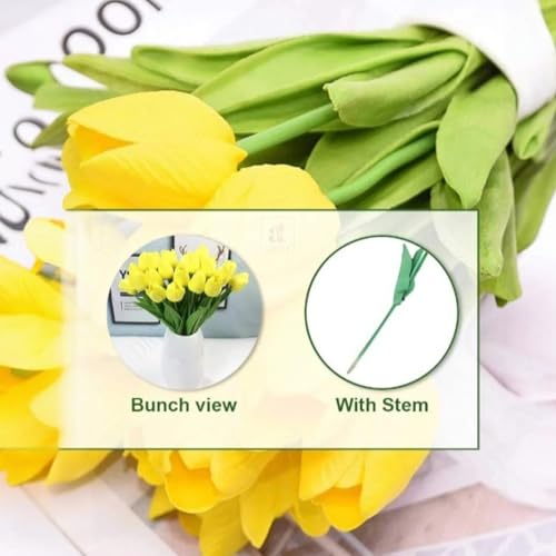 Image of Garden Art Artificial Tulip Flowers (Pack of 5) | Real Touch Silicone Single Stem Tulips for Home Decor, Living Room, Office, Vase & Wedding Decoration GAASTFB-1H-33Y (Yellow)
