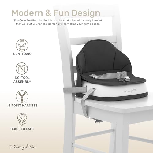 Image of Dream On Me Cozy Pod Baby Booster Seat for 6-36 Months, Portable Travel Booster Chair with 3-Point Safety Harness & 2 Fixing Belts, for Table & Dining, Lightweight Foldable & Easy to Carry - Black