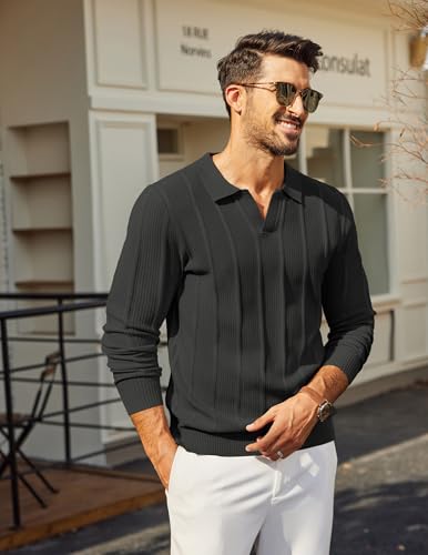 COOFANDY Mens Knit Long Sleeve Polo Sweaters Casual Polo Collared Sweater V-Neck Textured Pullover2