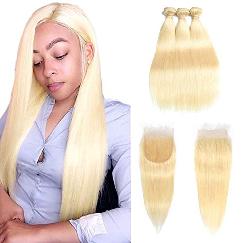 Fabeauty 613 Blonde Human Hair Bundles with Frontal Brazilian Straight with Frontal 100% Virgin Human Hair Weave with 13x4 Lace Frontal (26 26 26+20, 613 bundles with closure)