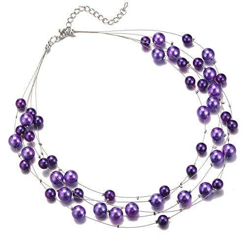 FULU AUTUMN Layered Pearl Necklace Beaded Silver Choker Handmade Boho Statement Costume Necklaces Fashion Jewellery Gifts for Women(Purple)