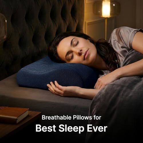 Image of pTron Ergova O2 100% Memory Foam Cervical Neck Pillow, Improves Posture, Spinal Alignment, Neck Pain Relief Cushion, Queen Size 19x11x3.5 inch, Breathable & Washable Zip Cover (Blue)