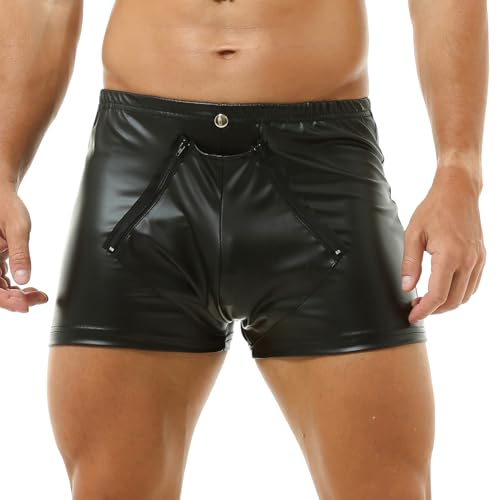 Image of QiaTi Men's Black Faux Leather Shorts Stretchy Front Zipper Short Pant Elastic Waistband Nightclub Rave Hot Shorts for Men