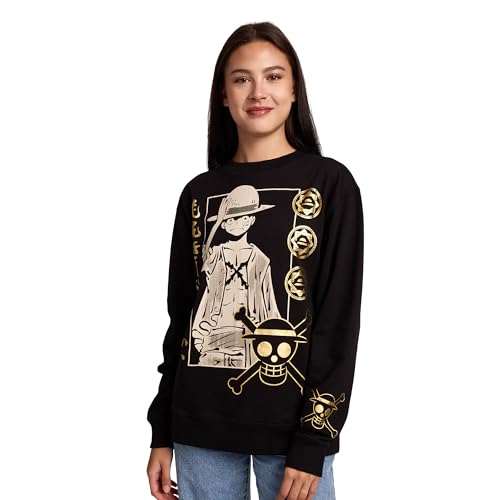 Bioworld One Piece Luffy Icons Gold Foil Print Womens Black Crew Neck Long Sleeve Fleece Sweatshirt -Medium