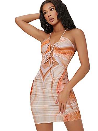 SheIn Women s Marble Ruched Mini Bodycon Dress Cut Out Tie Front Sleeveless Short Dresses Orange Large