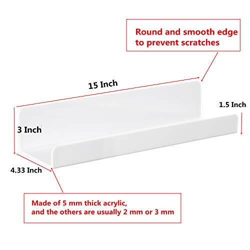 Ieek 15 Inch White Acrylic Floating Wall Ledge Shelf,Wall Mounted Nursery Kids Bookshelf,5Mm Thick Home/Office/Bathroom Storage Shelves Display Organizer,Set Of 4 #TOP2