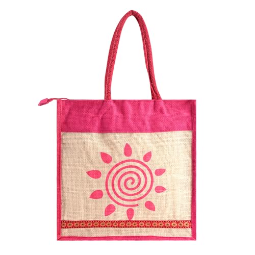 Image of Kuber Industries 3 Pcs Jute Medium Shopping Bag for Women with Handle | Reusable Carry /Shopping Bag for Grocery | Sunflower Print - Cream & Pink