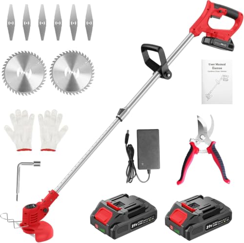 decespugliatore a batteria 21v, bamse tagliabordi a batteria con 2 batterie 2,0ah, 2 tipi di lame tagliaerba elettrico, maniglia a scomparsa, decespugliatore per taglio di giardini, prati, rosso