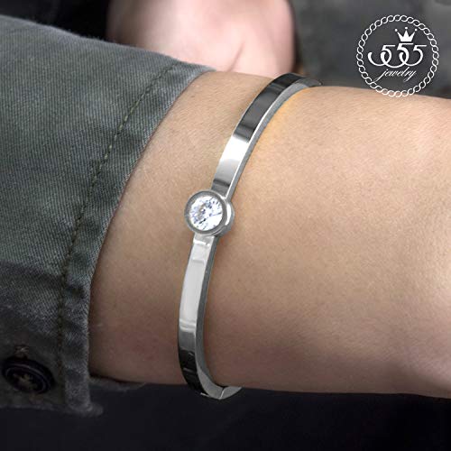 555Jewelry Womens Girls Beautiful Cool Stainless Steel Bangle Shiny Bling Cubic Zirconia Diamond Minimal Cute Delicate Fashion Accessory Jewelry Metal Cuff Bracelet, Silver #TOP1