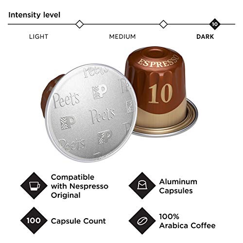 Peet's Coffee Espresso Capsules Ristretto, Intensity 10, 100 Count Single Cup Coffee Pods Compatible with Nespresso Original Brewers