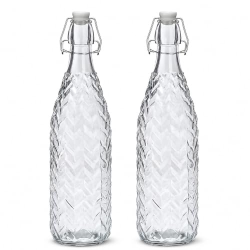 Pack 2 Botellas de Cristal 1L con Tapón Hermético Vidrio Transparente | Para Agua y Zumo, Apta para Nevera, Cierre Hermético, Vidrio Transparente, Ideales para Servir y Conservar Bebidas Frías