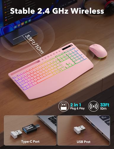 Image of Trueque Wireless Keyboard and Mouse Combo, 4000mAh Rechargeable Backlit Keyboard with Wrist Rest & Phone Holder, Full Size Quiet Typing 2.4G USB-A /Type-C for PC Laptop Windows Mac (Pink)