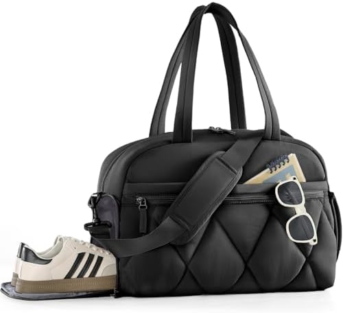 Lekespring Sporttasche Damen, Puffer Reisetasche, Weekender mit Schuhfach | Übernachtungen, Sport, Krankenhaus, Persönliche Gegenstände, Wasserabweisend, mit Nassfach, Schwarz, 50×